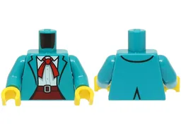 Torso Jacket Open over White Shirt with Buttons, Dark Red Skirt Top with Light Bluish Gray Buckle, Red Neckerchief Scarf Pattern / Dark Turquoise Arms / Yellow Hands