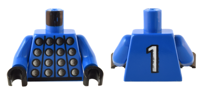 Lego Torso Studded Armor with Silver Circles, Black Belt, White Number 1 on Back Pattern / Blue Arms / Black Hands
