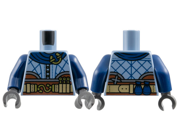 Lego Torso Vest with Reddish Brown Bottom, Dark Blue Cape Collar with Gold Brooch and Black Folds, Silver Trim and Dark Tan Belt with 2 Pouches on Back Pattern / Dark Blue Arms / Pearl Dark Gray Hands