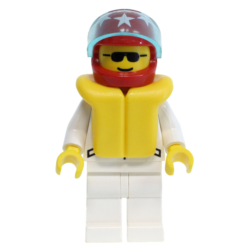 Lego Racer, White Jacket with 2 Stars, Red Helmet with Stars and Visor, Yellow Life Vest, Sunglasses