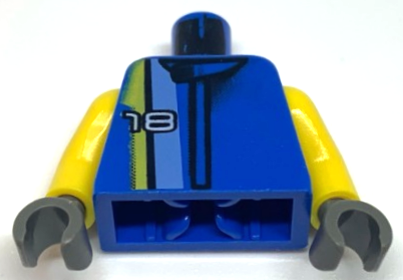 Lego Torso Racers White '18' on Medium Blue, Black, and Yellow Stripes Pattern / Yellow Arms / Dark Gray Hands
