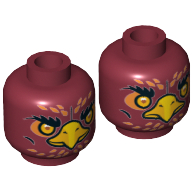 Lego Minifig Head Foltrax, Dual Sided, Phoenix with Amber Eyes, Circles, Orange Feathers and Yellow Beak, Neutral / Stern Print [Hollow Stud] / Dark Red