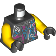 Lego Torso Jacket, Dark Bluish Gray Buckles and Straps, Dark Pink Accents, Medium Azure Symbols Print, Yellow Arms, Black Hands / Black
