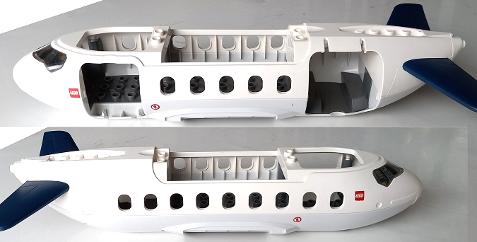 Lego Duplo Airplane Large Fuselage with Very Light Bluish Gray Lower Section, Dark Bluish Gray Inner Base and Dark Blue Horizontal Tail with LEGO Logo and Red People Prohibited Sign Pattern on Both Sides (Stickers) - Sets 7840 / 7843