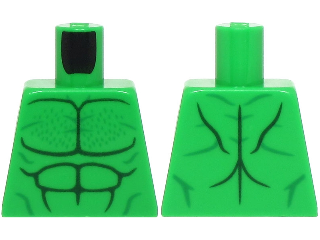 Lego Torso Bare Chest with Dark Green and Green Muscles Outline, Chest Hair Pattern