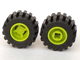 Wheel 11mm D. x 12mm, Hole Notched for Wheels Holder Pin with Black Tire 21mm D. x 12mm - Offset Tread Small Wide, Band Around Center of Tread (6014b / 87697) / Lime