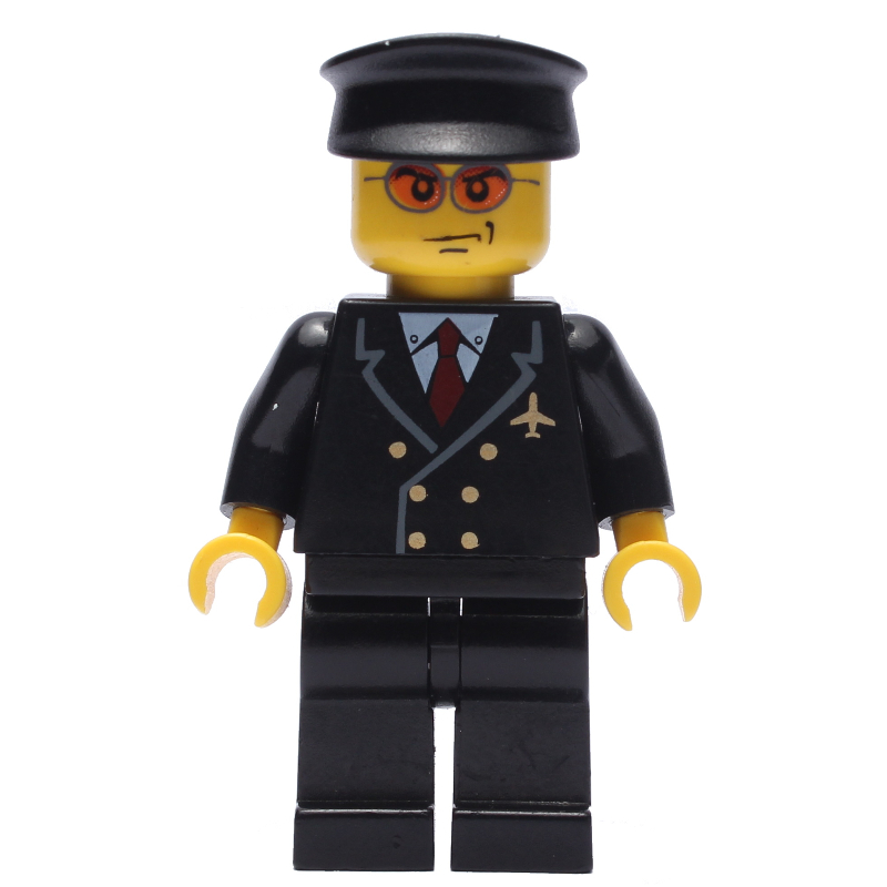 Lego Pilot, Black Suit with Tie and Airplane Badge, Black Hat, Orange Sunglasses