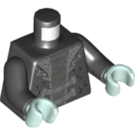 Lego Torso Jacket, Open over Dark Bluish Gray Undershirt, Silver Lapels and Fastener Print, Black Arms, Light Aqua Hands / Black
