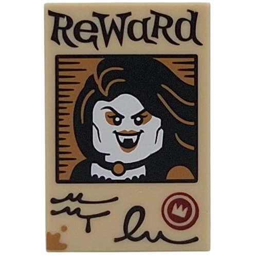 Lego Tile 2 x 3 with Wanted Poster, 'REWARD', Vampire print / Tan