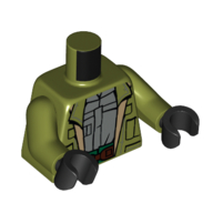 Lego Torso, Jacket, Sand Blue Shirt, Reddish Brown Belt, Green pants print, Olive Green Arms, Black Hands / Olive Green