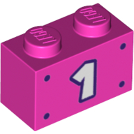 Lego Brick 1 x 2 with White '1', Dark Purple Border, Dots print / Dark Pink