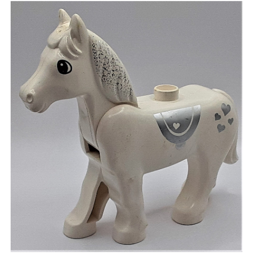 Lego Duplo Animal Horse with One Stud and Moveable Head, Eyes, Saddle and Hearts Print / White