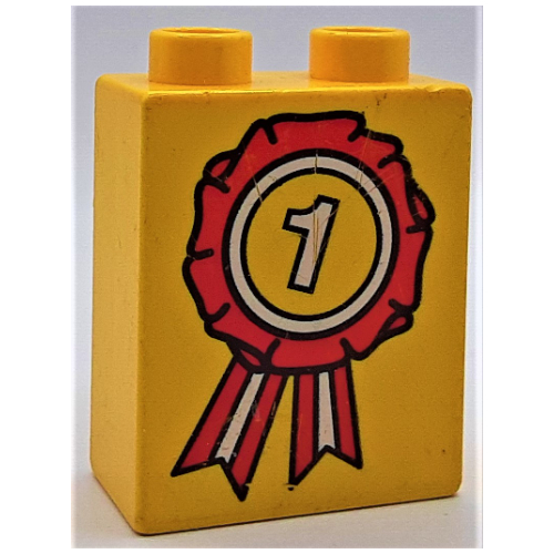 Lego Duplo Brick 1 x 2 x 2 with Winner Ribbon Print / Yellow