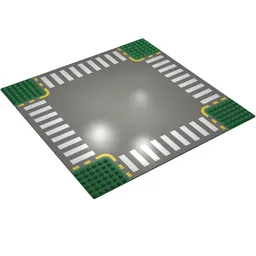 Baseplate 32 x 32 with 6-Stud Crossroads with Dark Gray Road, Yellow Dashed Lines and Crosswalks Print / Green