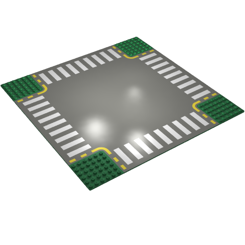 Lego Baseplate 32 x 32 with 6-Stud Crossroads with Dark Gray Road, Yellow Dashed Lines and Crosswalks Print / Green