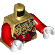 Lego Torso Armor, Red, Dark Red, and Gold Plates with Orange Jewel 'Chi' Print, Red Arms, White Hands / Pearl Gold