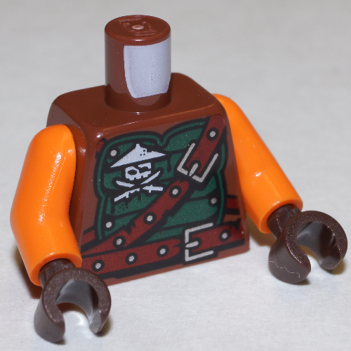 Lego Torso Green Armor with Belts, Ninja Skull with Crossed Swords and Scabbards Print, Orange Arms, Dark Brown Hands / Reddish Brown