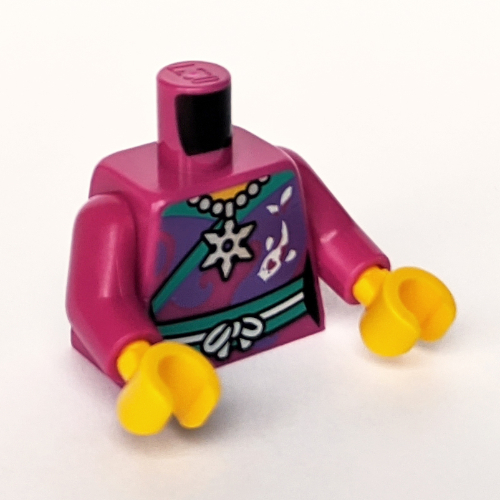 Lego Torso Tunic Wrap, Necklace, Star Pendant, White Lace, Dark Turquoise Trim, Dark Purple Wave, Koi print, Magenta Arms, Yellow Hands / Magenta