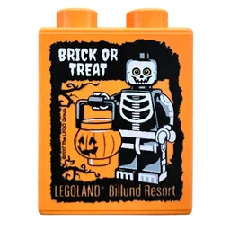 Duplo Brick 1 x 2 x 2 with 'Brick Or Treat LEGOLAND Billund Resort Skeleton Costume' Print / Orange