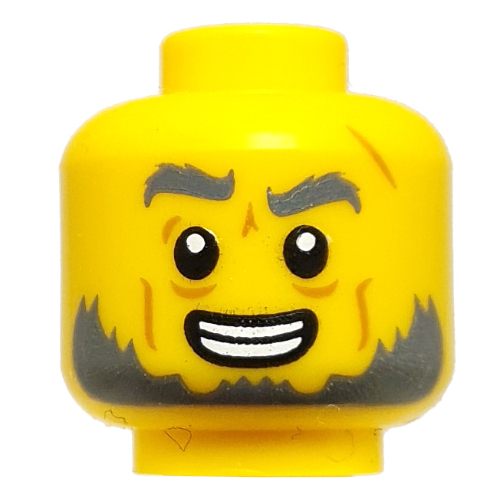 Lego Minifig Head Twitchy Tim, Dark Bluish Grey Eyebrows, Beard, Smile, Raised Eyebrow / Scared / Yellow