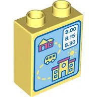 Duplo Brick 1 x 2 x 2 with House, Bus, School, and '8:00, 8:15, 8:30' Print / Bright Light Yellow