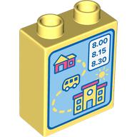 Lego Duplo Brick 1 x 2 x 2 with Bottom Tube, House, Bus, School, and '8:00, 8:15, 8:30' Print / Bright Light Yellow