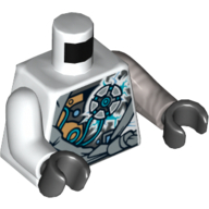 Lego Torso, Odd Arms, Nindroid Components and Ice Logo Print, Left Flat Silver Arm, Right White Arm, Black Hands / White