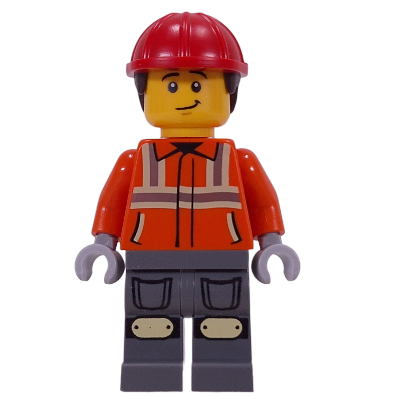 Lego Construction Worker, Reddish Orange Safety Jacket, Dark Bluish Gray Legs, Red Helmet