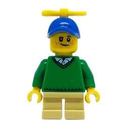 Boy, Green Sweater, Short Tan Legs, Blue Cap with Propeller