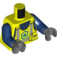 Lego Torso, Safety Vest, Silver Stripes, Pockets, Blue Star Symbol print, Dark Blue Arms, Dark Bluish Gray Hands / Vibrant Yellow
