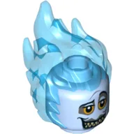 Minifig Head Special with Trans-Light Blue Flames, Orange Eyes, Raised Left Eyebrow, Large Grin Print (Hades) / Bright Light Blue