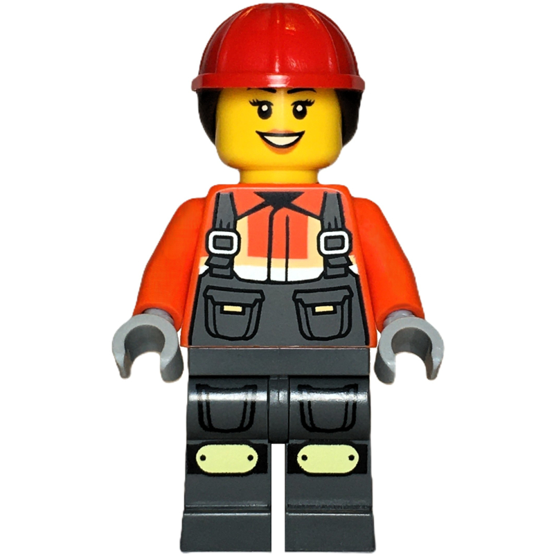 Lego Construction Worker, Reddish Orange Jacket, Overall, Red Hard Hat with Hair