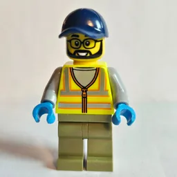 Dusty Broomer, Construction Worker, Vibrant Yellow Safety Vest, Olive Green Legs, Dark Blue Cap