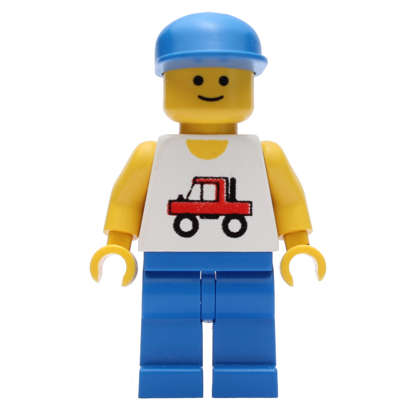 Lego Man, White Vest with Truck, Blue Legs, Blue Cap (3626b Head)