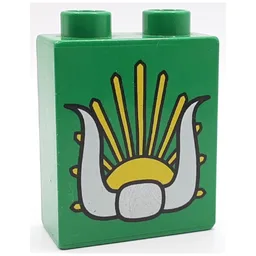 Duplo Brick 1 x 2 x 2 with Sun and Horns Print / Green