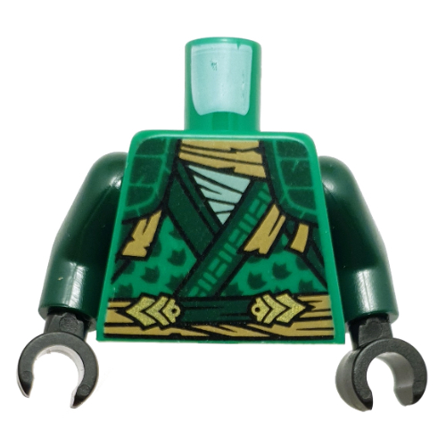 Lego Torso Robe, Tan Belt, Dark Green Trim and Markings print, Dark Green Arms, Black Hands / Green