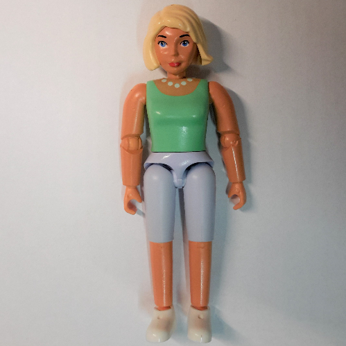 Lego Belville Figure Articulated Elbows, Female, Light Yellow Hair, Light Violet Shorts, Medium Green Shirt / Nougat