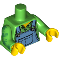 Lego Torso Overalls, Medium Blue, over Plaid Shirt Print, Bright Green Arms, Yellow Hands / Bright Green