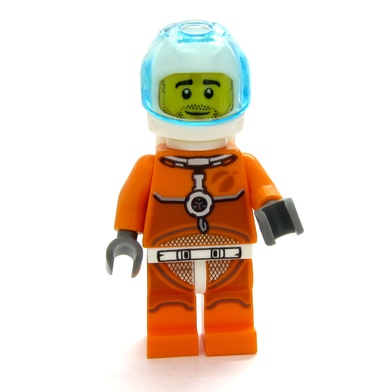 Lego Astronaut - Orange Torso and Legs, White Helmet, Trans-Light Blue Visor, Beard