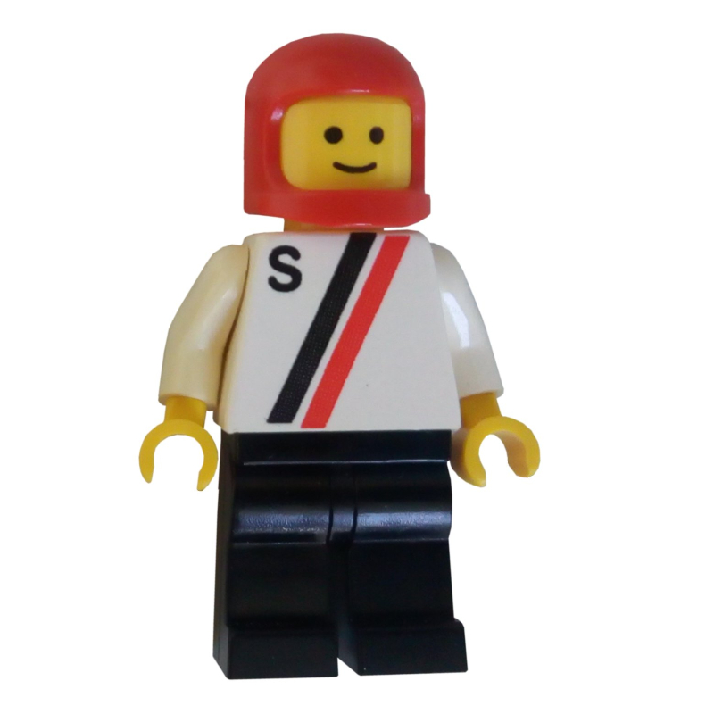Lego Racer, White Shirt with Two Stripes and 'S', Black Legs, Red Helmet