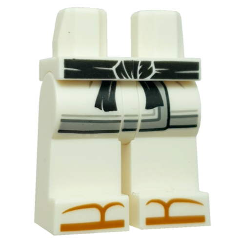 Lego Hips and White Legs with Robe Ends, Light Bluish Grey Trim, Black Sash, Dark Orange Sandals print / White