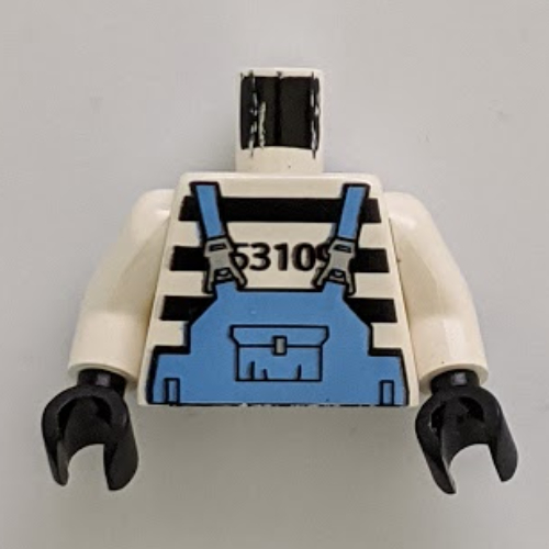 Lego Torso Prison Shirt with Stripes and Medium Blue Overalls Print, White Arms, Black Hands / White