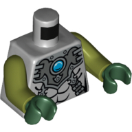Lego Torso Silver Armor with Straps and Blue Round Jewel (Chi) Print, Olive Green Arms, Dark Green Hands / Light Bluish Gray