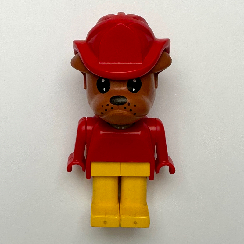 Lego Bertie Bulldog, Brown Head, Red Torso, Yellow Legs, Red Fire Helmet