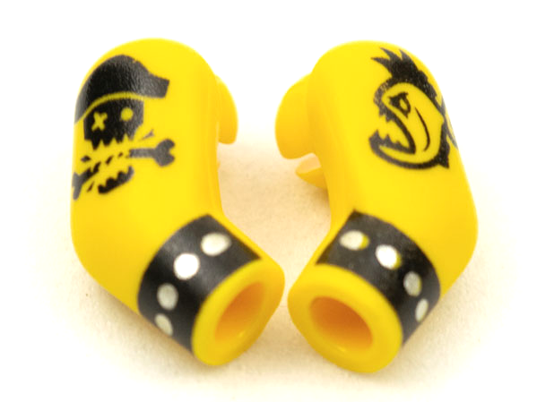 Lego Arm, (Matching Left and Right) Pair with Black Cuff and Skull and Crossbones / Fish Tattoo Pattern / Yellow