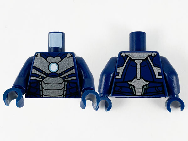 Lego Torso Armor, Silver Plates and Metallic Light Blue Circle Arc Reactor Pattern / Dark Blue Arms / Dark Blue Hands