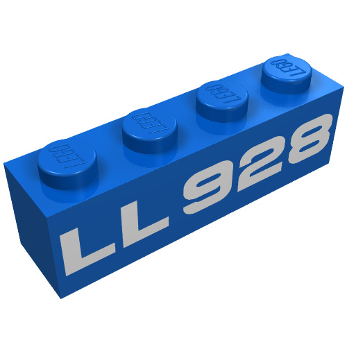 Lego Brick 1 x 4 with Bottom Tubes, Lowered Center Cross Support with White 'LL928' Print / Blue