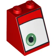 Brick Sloped 65° 2 x 2 x 2 with Eye, Green, Left Print (Mack) / Red