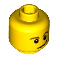 Minifig Head, Brown Eyebrows, Eyes with White Pupils, Crooked Smile with Black Dimple Print / Yellow