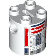 Lego Brick Round 2 x 2 x 2 Robot Body, Axle Holder '+' Orientation with Red and Dark Blue Astromech Droid Print (R5-D4) / White